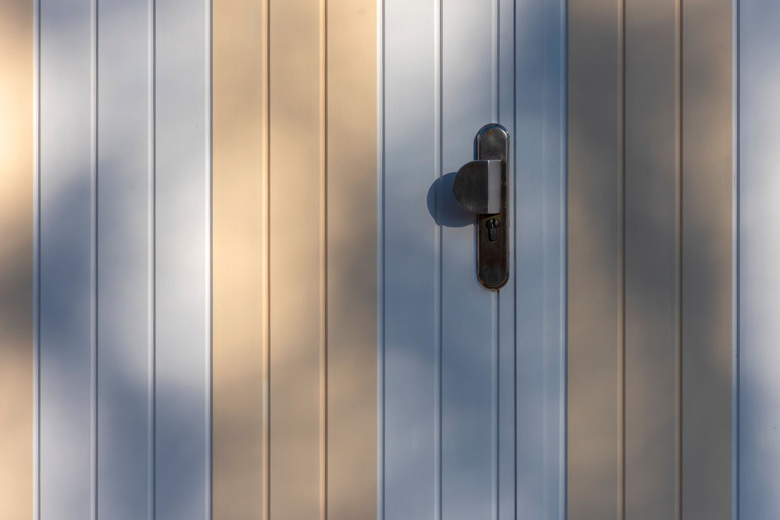Metal entry door with a brushed steel lock escutcheon, knob and keyway lit by late afternoon sunlight