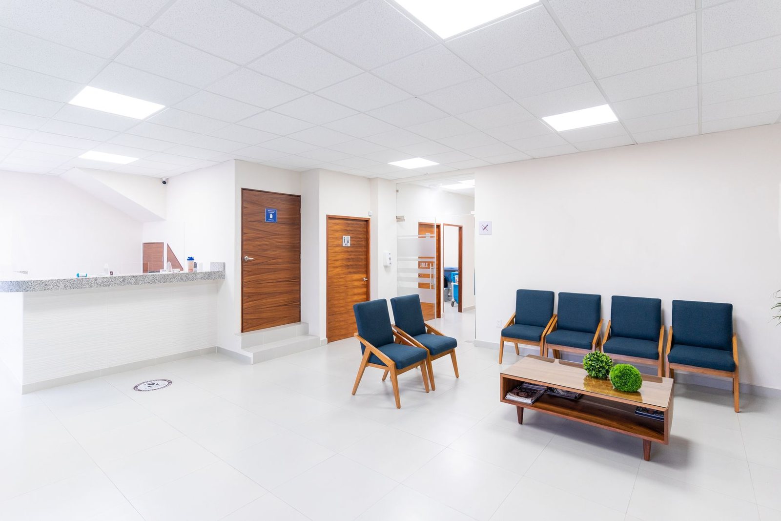 Bright medical office waiting area with reception counter, seating and several closed interior doors
