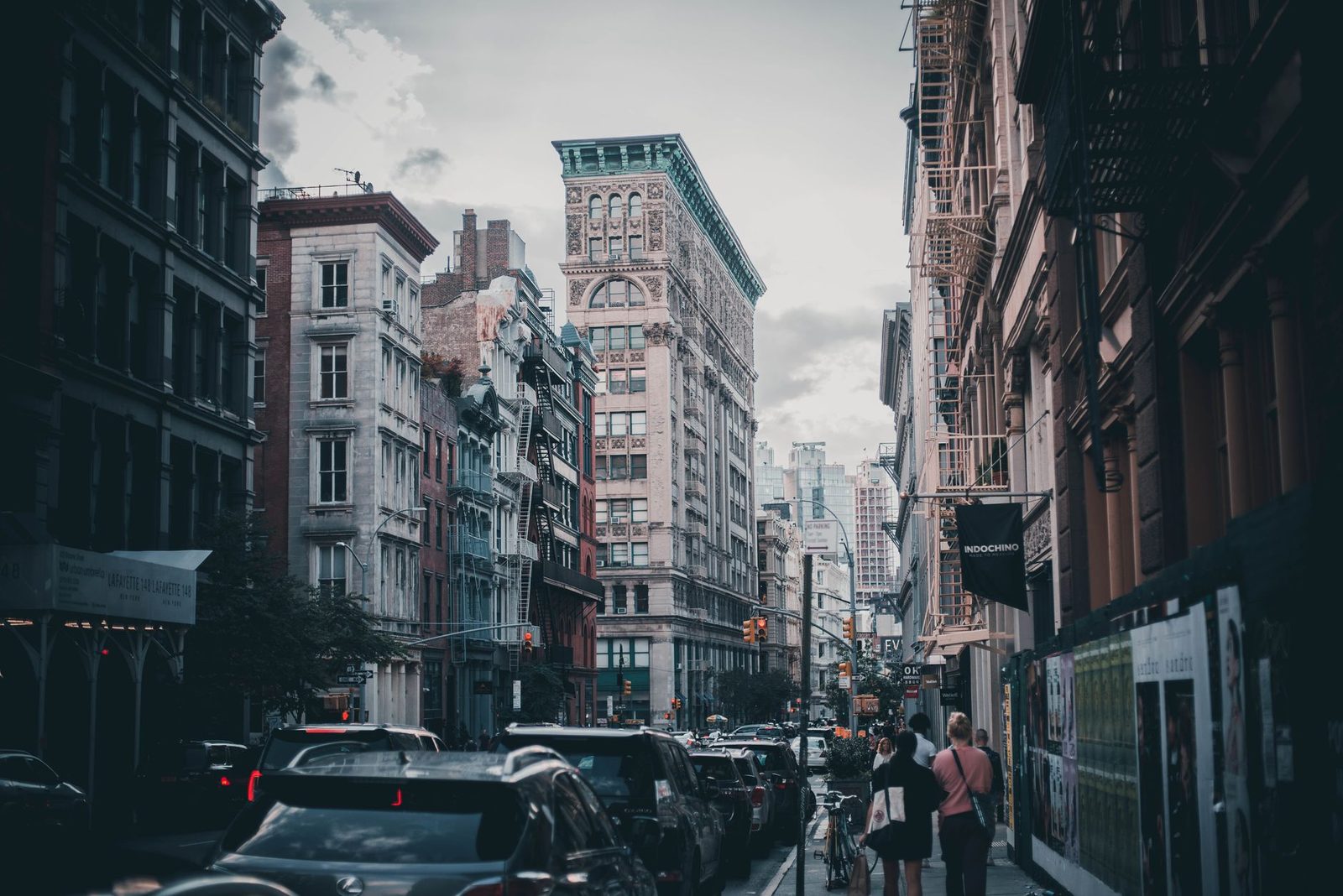 Manhattan street view with residential and commercial buildings in New York City